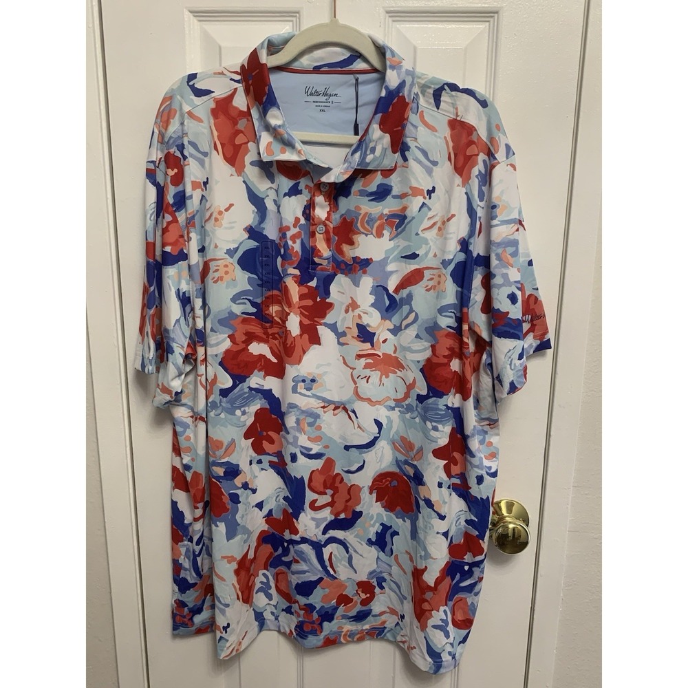 NWT Walter Hagen P11 Printed Performance Golf Polo Guoache Florals Red Mens 2XL